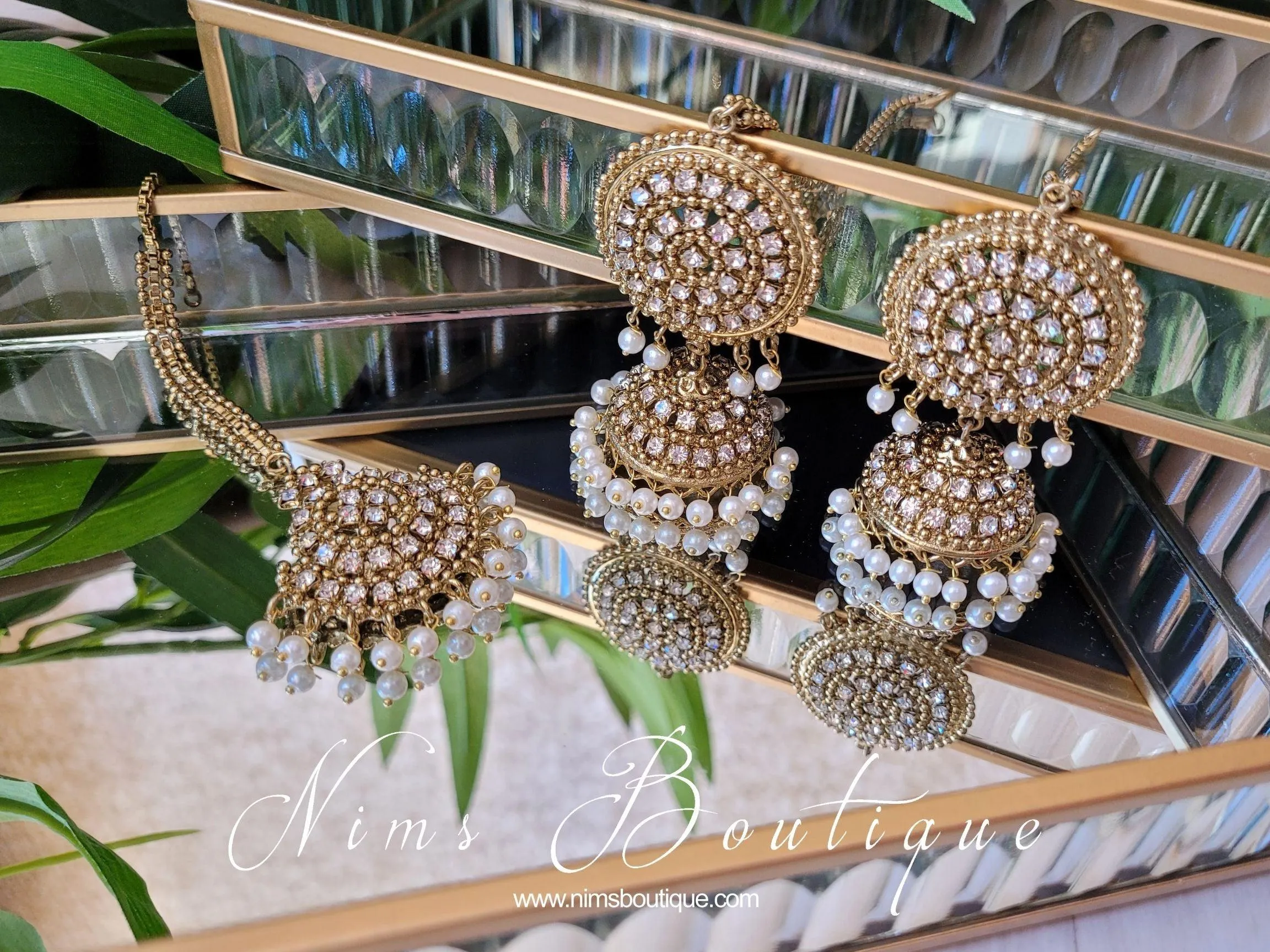 Royal Antique Gold & Pearl Chumke & Tikka Set (with earring chains)