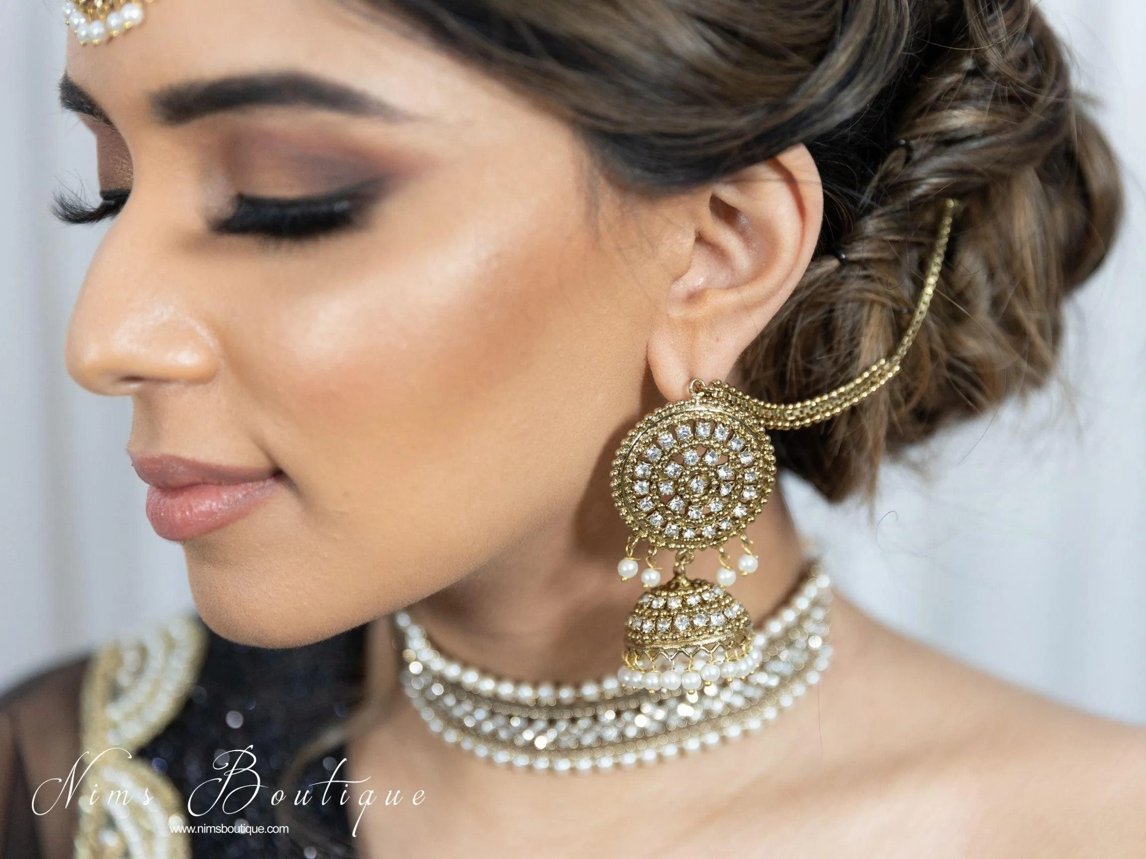 Royal Antique Gold & Pearl Chumke & Tikka Set (with earring chains)