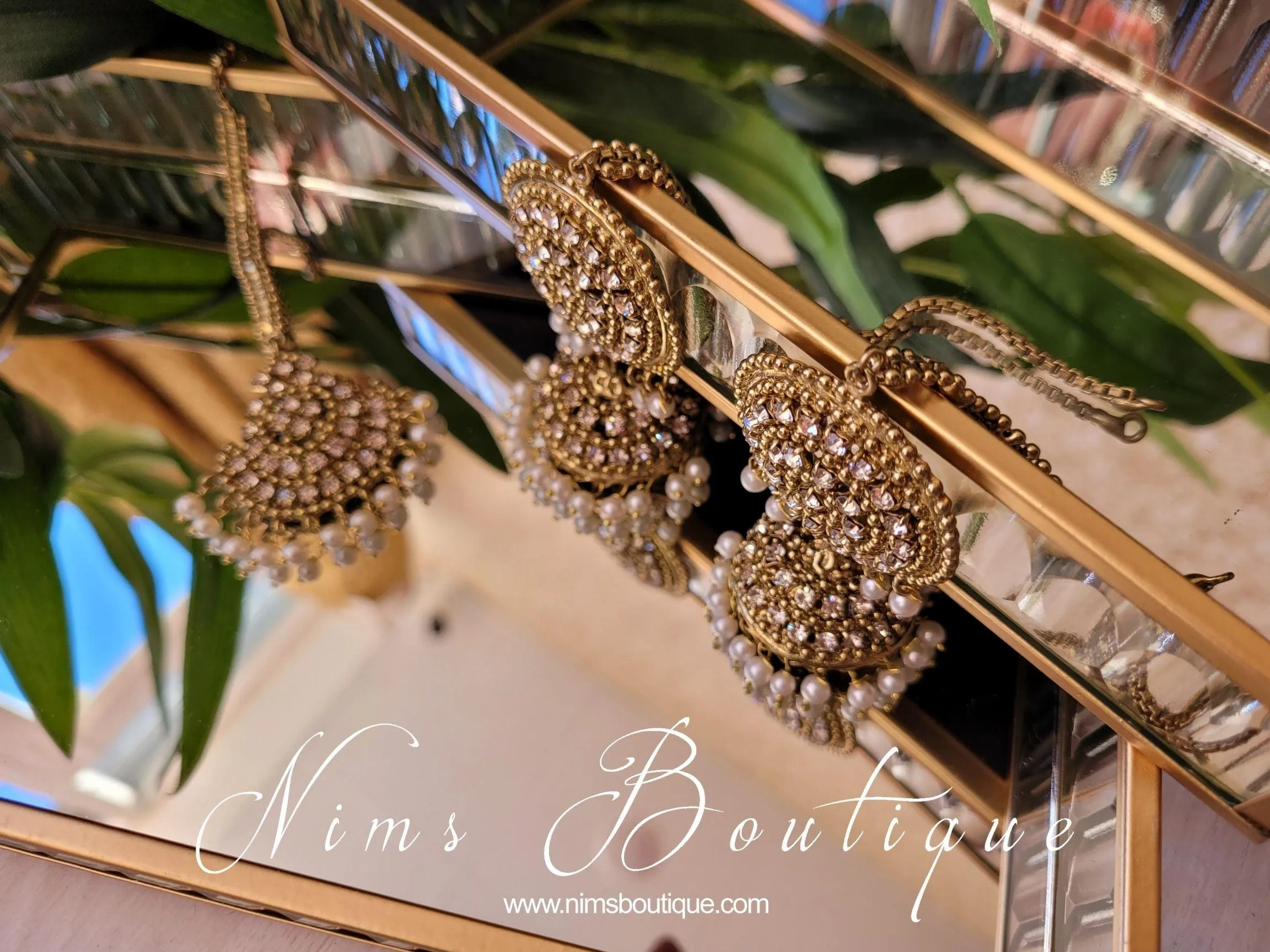 Royal Antique Gold & Pearl Chumke & Tikka Set (with earring chains)