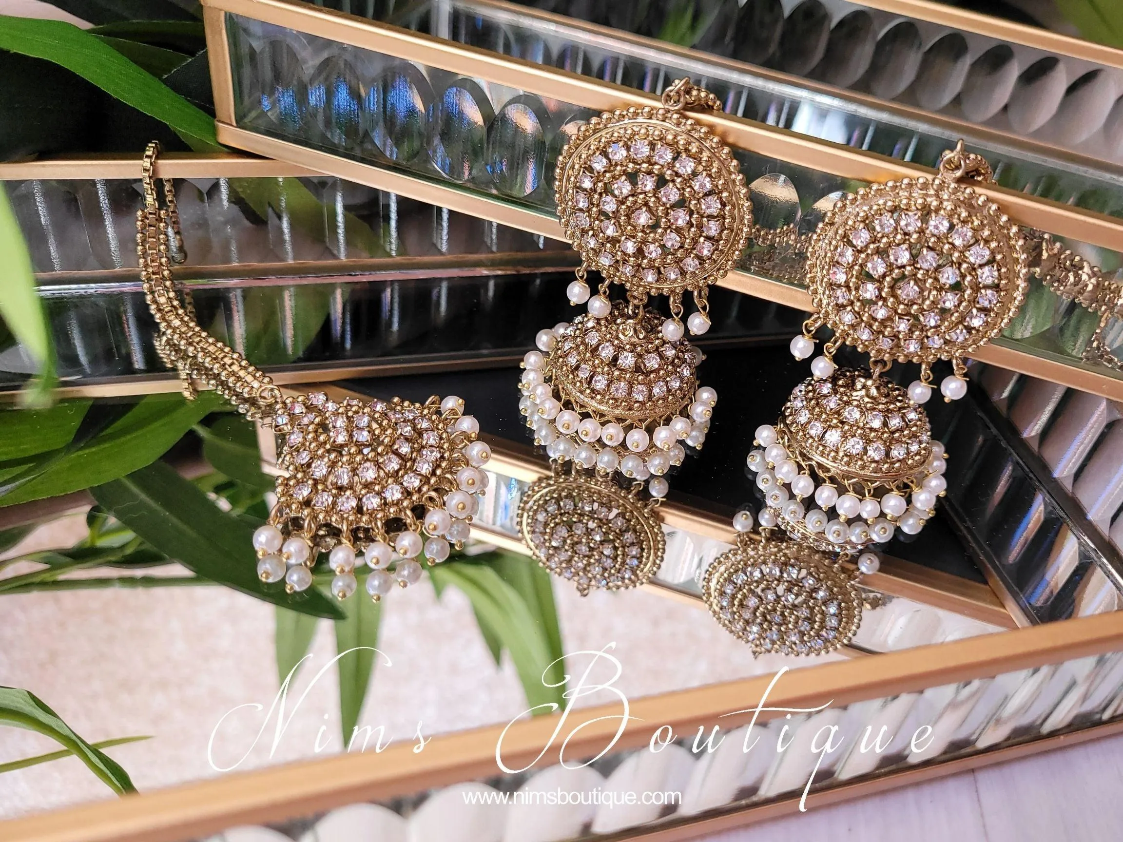Royal Antique Gold & Pearl Chumke & Tikka Set (with earring chains)