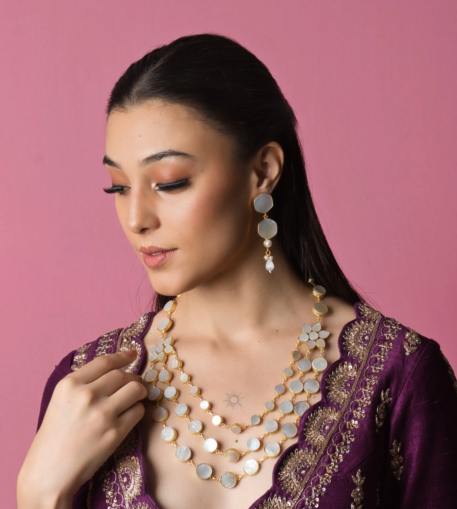 Samantha Elegant Shell Pearl Party Wear Set - with Earrings