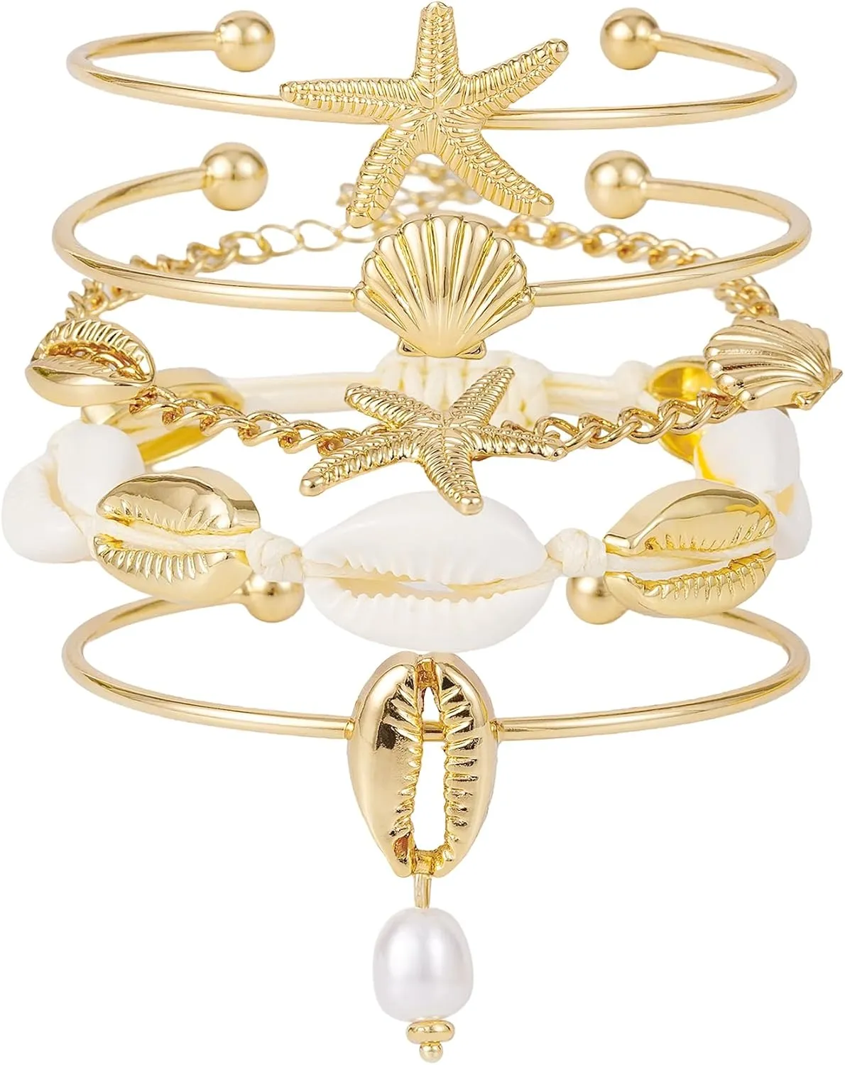 Shell Bracelet Boho Beaded Stretch Bracelets for Women Seashell Strand Bracelets Starfish Charm Jewelry Summer Beach Jewelry Stackable Crystal Gold Beads Bracelet for Women