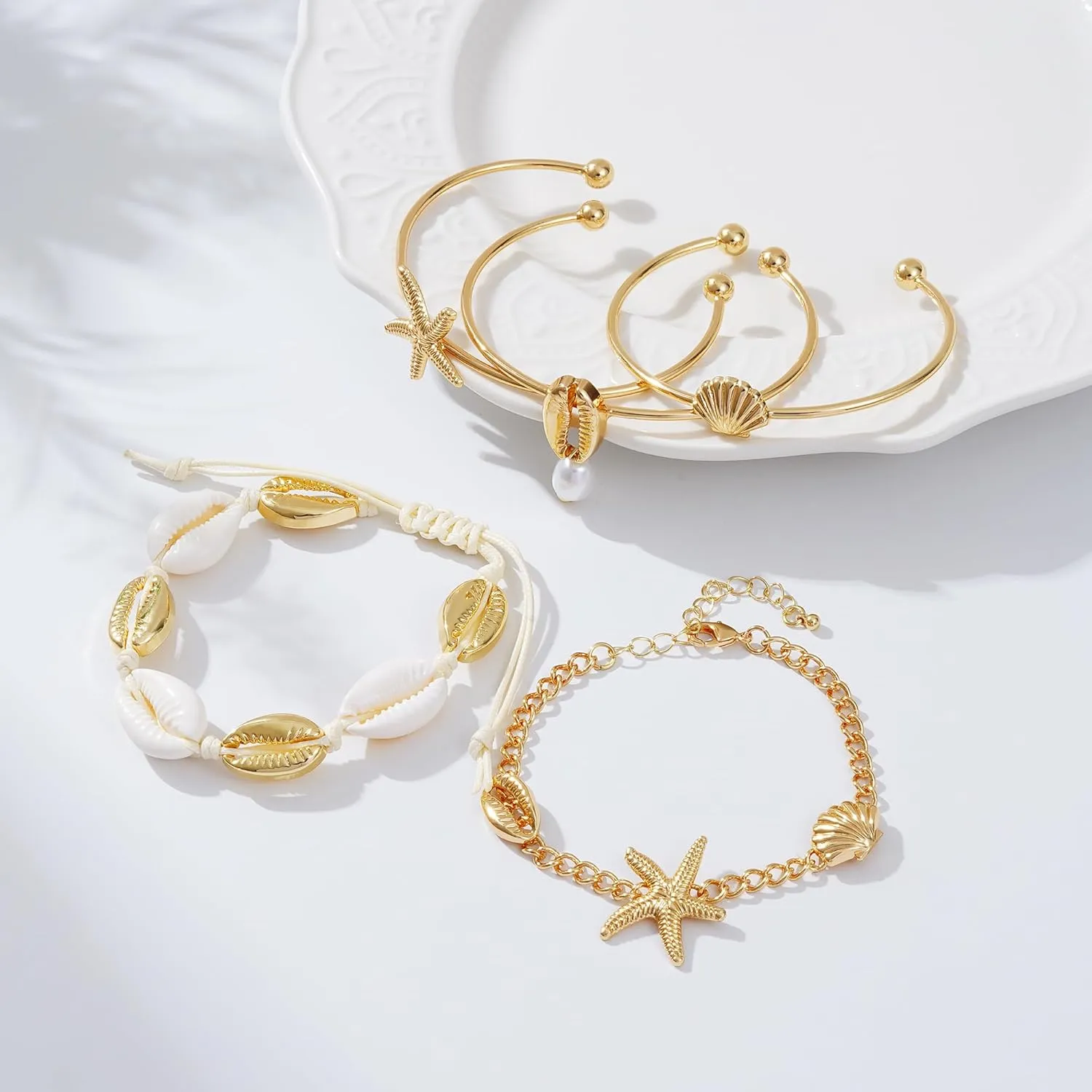 Shell Bracelet Boho Beaded Stretch Bracelets for Women Seashell Strand Bracelets Starfish Charm Jewelry Summer Beach Jewelry Stackable Crystal Gold Beads Bracelet for Women