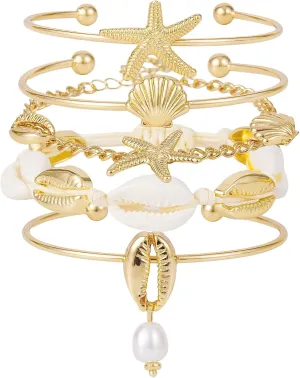 Shell Bracelet Boho Beaded Stretch Bracelets for Women Seashell Strand Bracelets Starfish Charm Jewelry Summer Beach Jewelry Stackable Crystal Gold Beads Bracelet for Women
