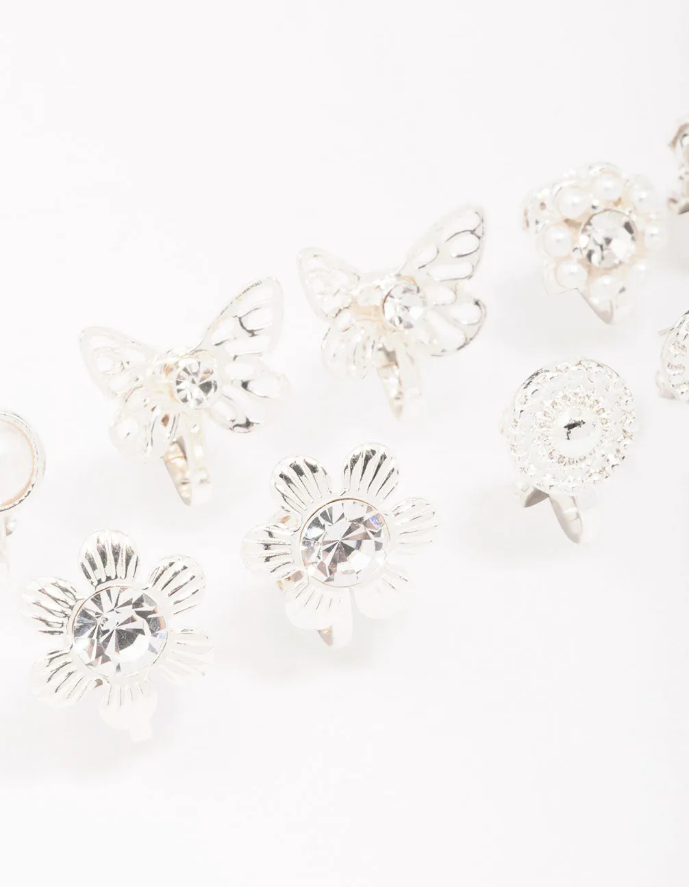 Silver Butterfly & Flower Clip On Earring 5-Pack