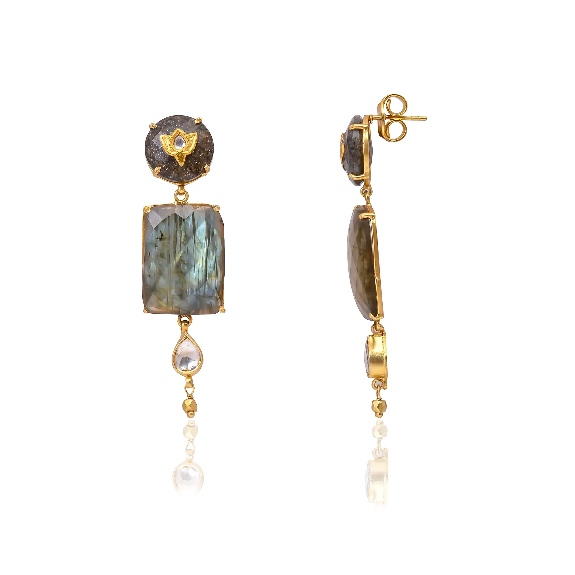 Silver Gold-Plated Labradorite, Glass & Strawberry Quartz Jadau Earring