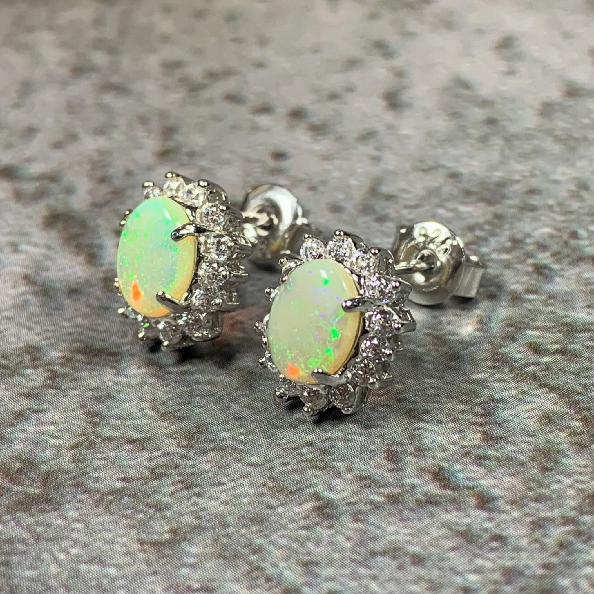 Sterling Silver 7x5mm White Opal cluster earrings