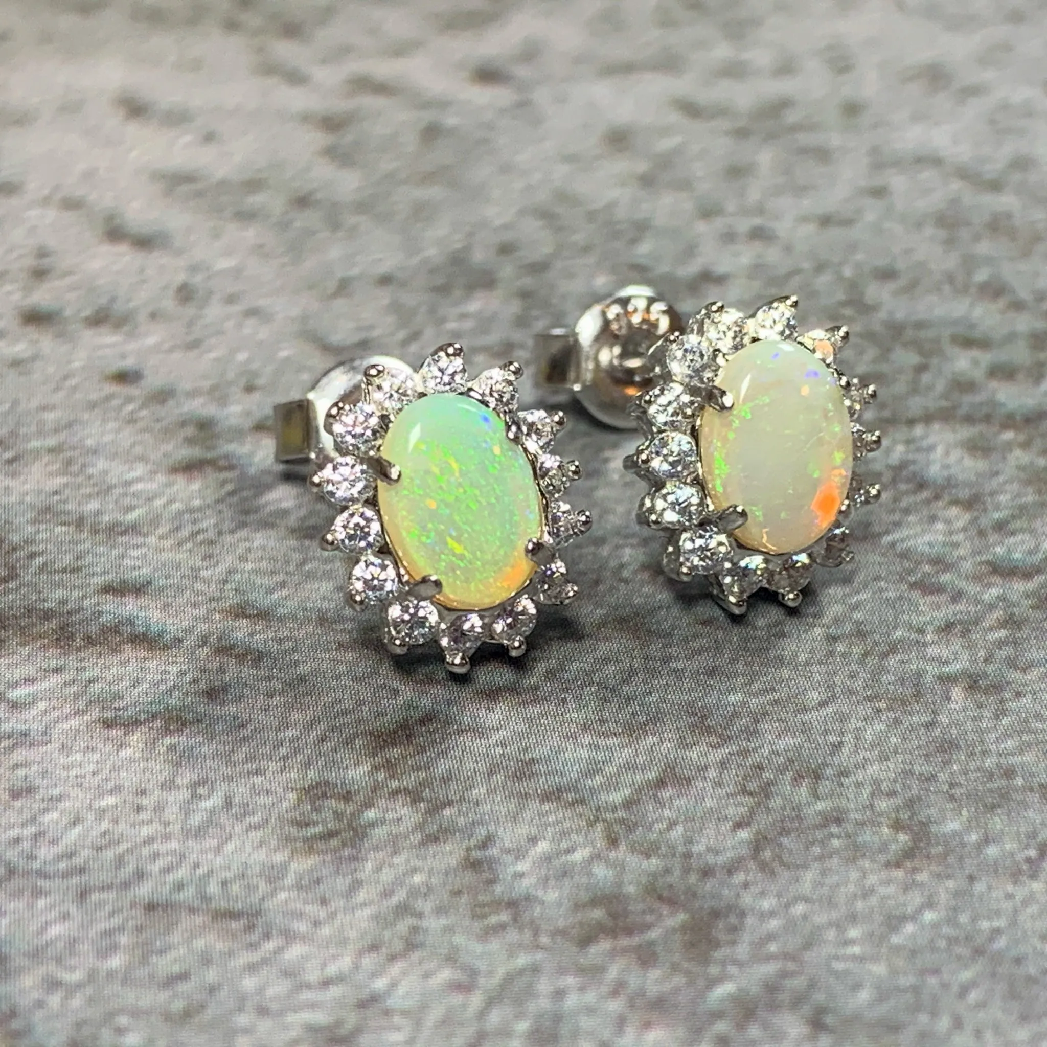 Sterling Silver 7x5mm White Opal cluster earrings