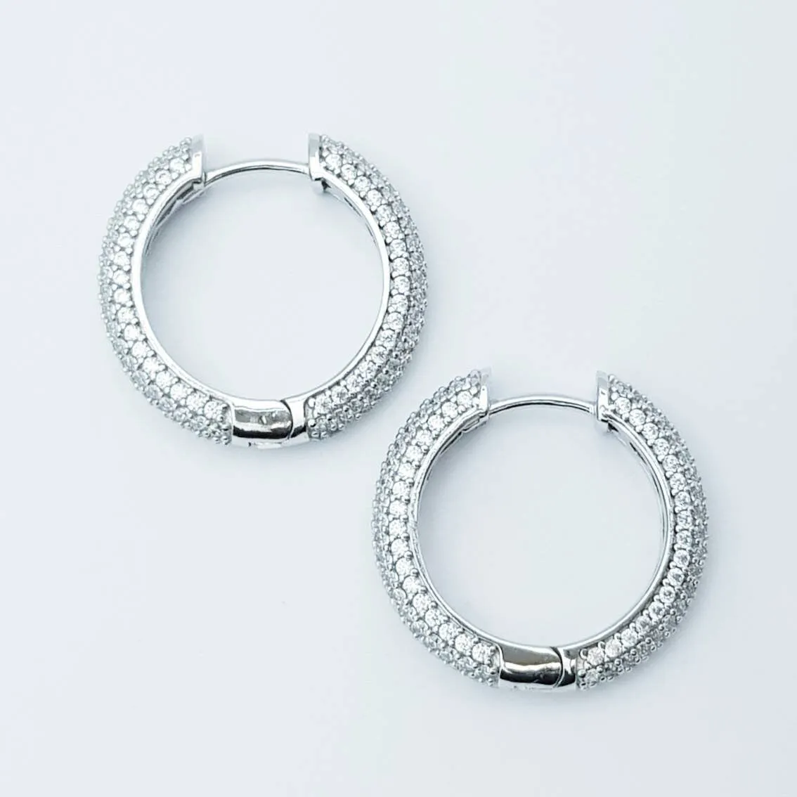 Sterling silver cz encrusted hoop earrings, lever back diamond hoops, luxurious dress jewelry