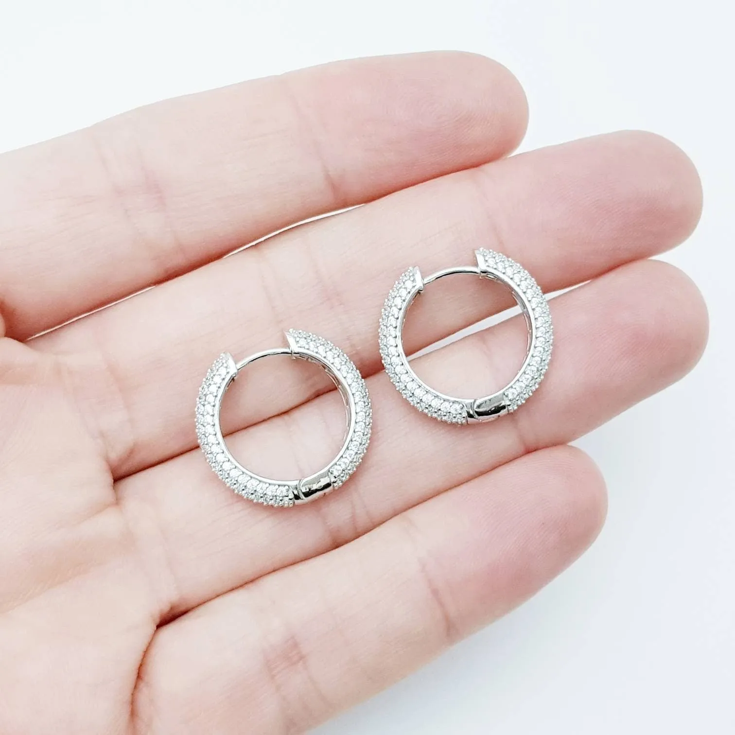 Sterling silver cz encrusted hoop earrings, lever back diamond hoops, luxurious dress jewelry
