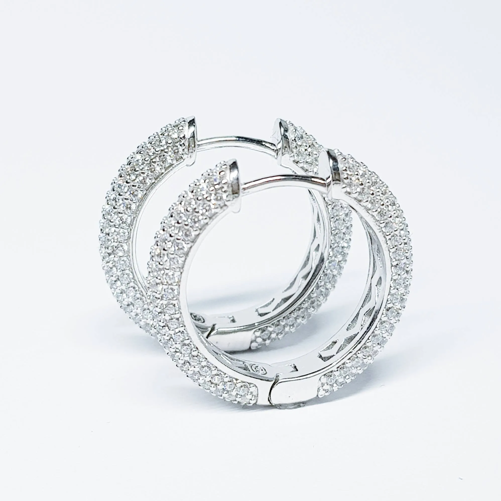 Sterling silver cz encrusted hoop earrings, lever back diamond hoops, luxurious dress jewelry