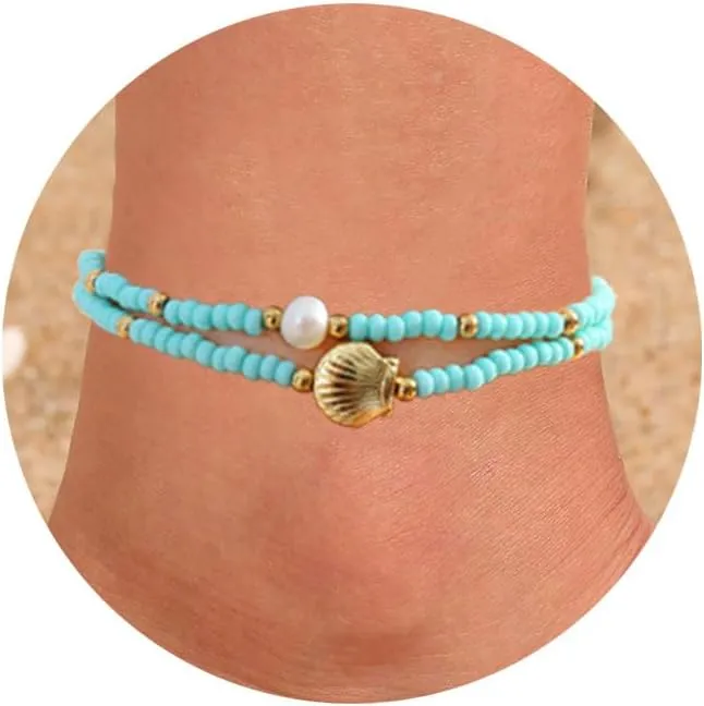 Summer Ankle Bracelets for Women Beach Charm Anklets for Womens Colorful Stone Marine Element Elastic Handmade Gold Beads Anklet Sets