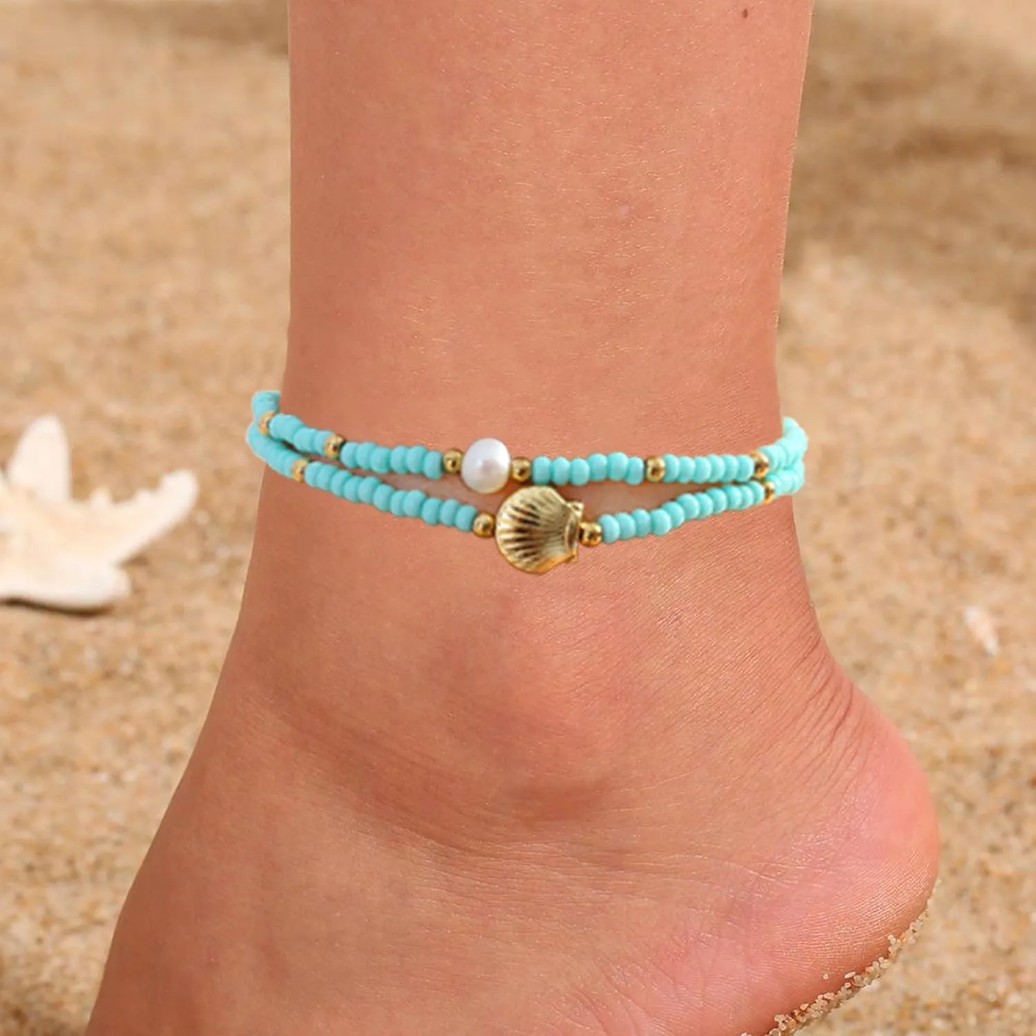 Summer Ankle Bracelets for Women Beach Charm Anklets for Womens Colorful Stone Marine Element Elastic Handmade Gold Beads Anklet Sets