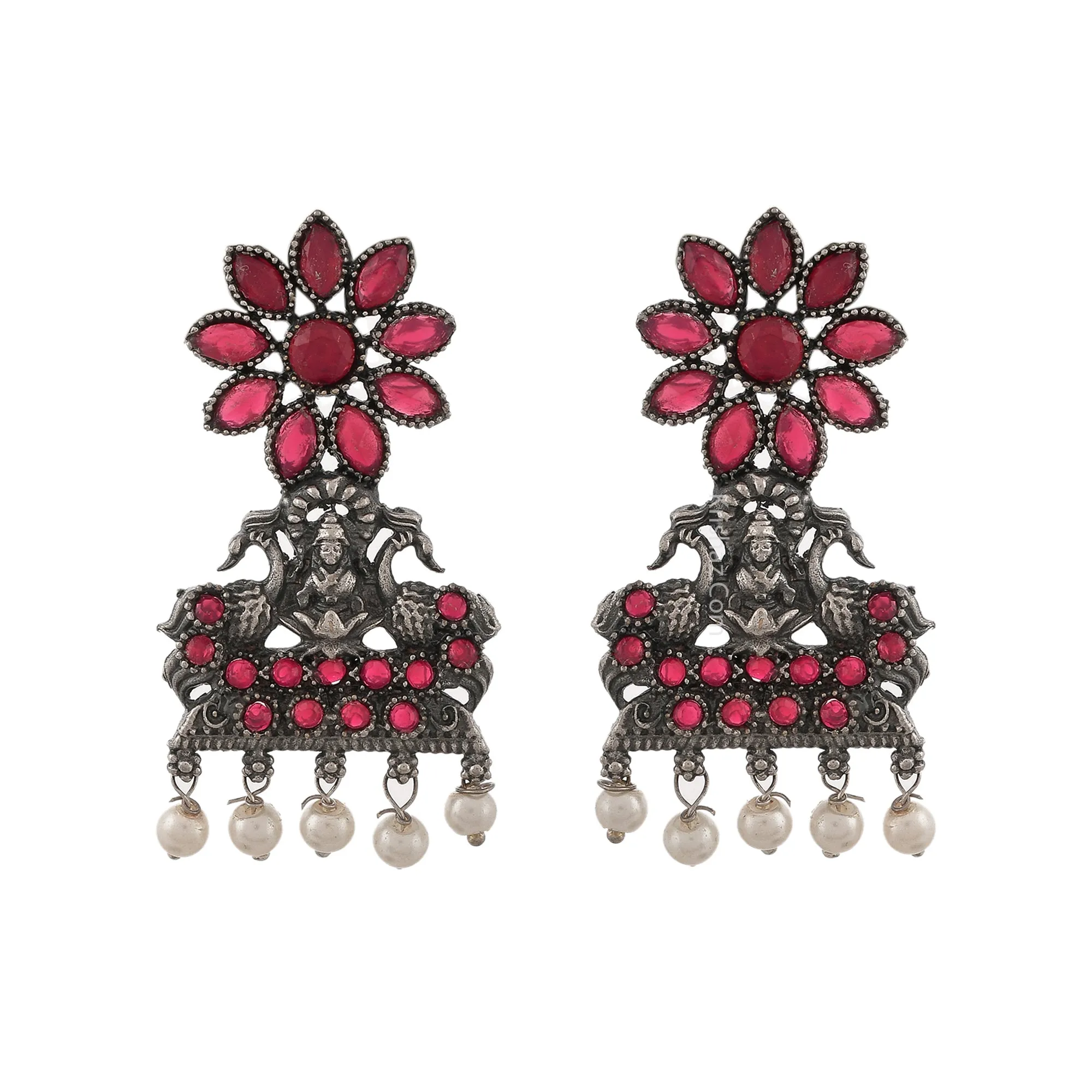 Traditional Ruby Color Goddess Lakshmi ji with Flower Choker Necklace Set with Matching Earrings