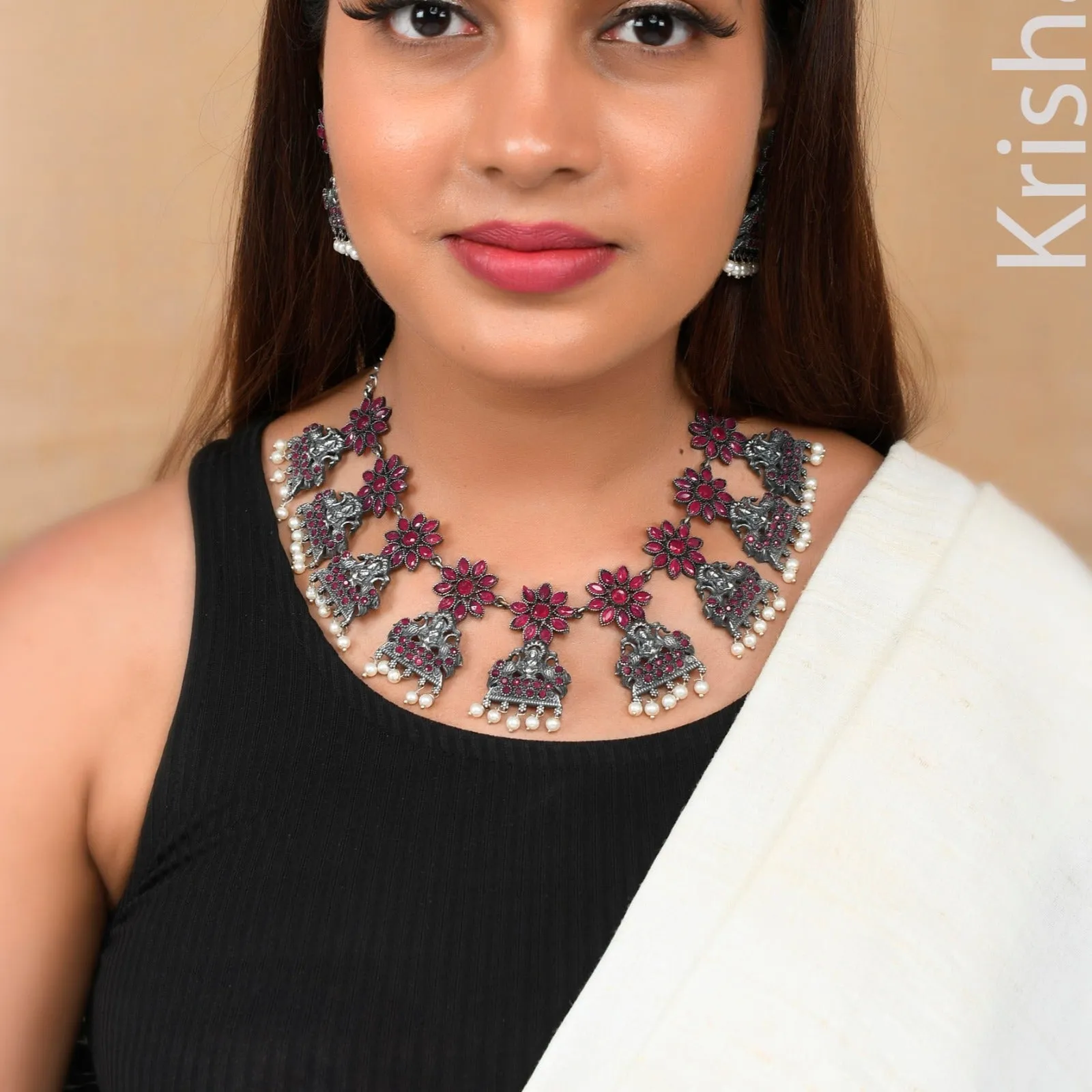 Traditional Ruby Color Goddess Lakshmi ji with Flower Choker Necklace Set with Matching Earrings