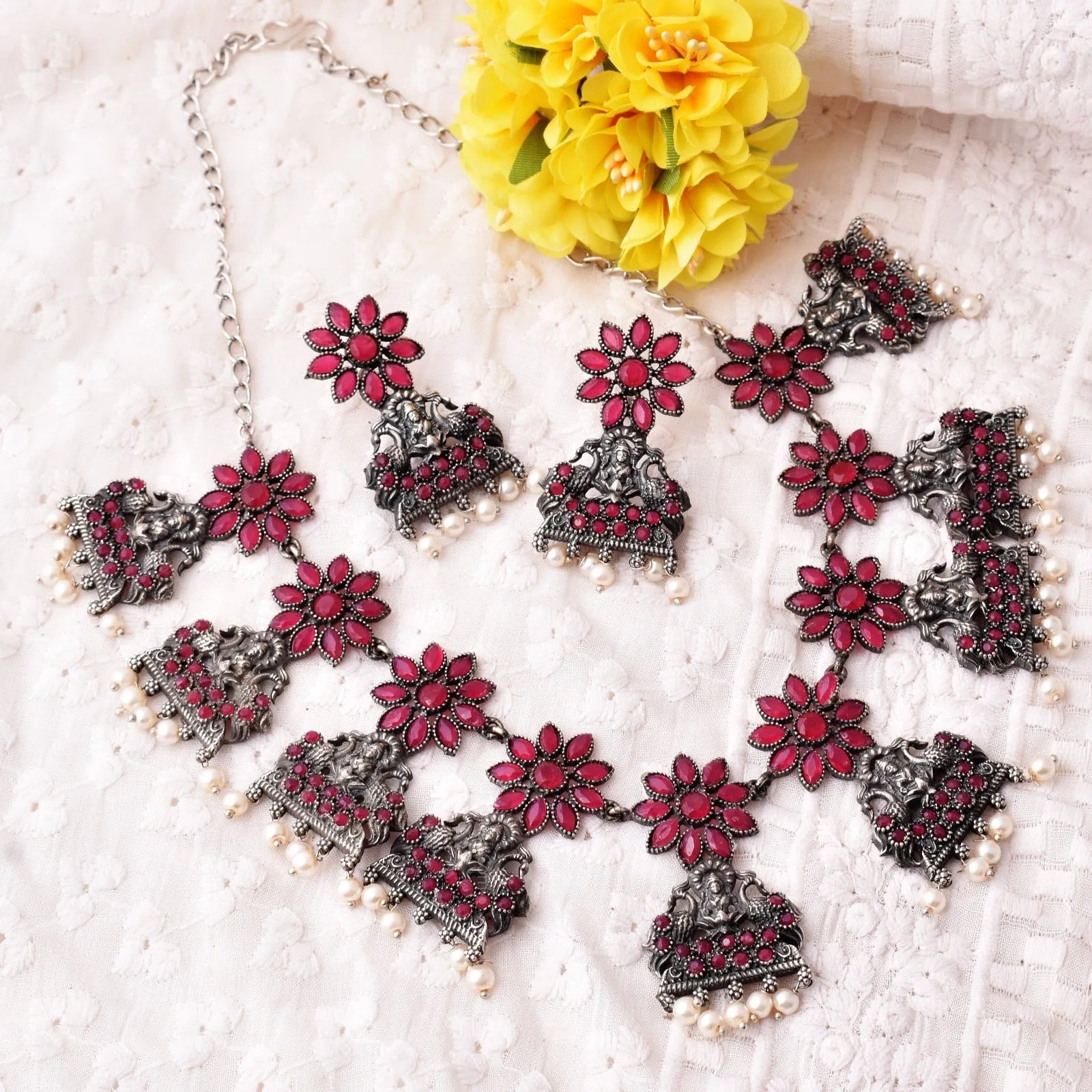Traditional Ruby Color Goddess Lakshmi ji with Flower Choker Necklace Set with Matching Earrings