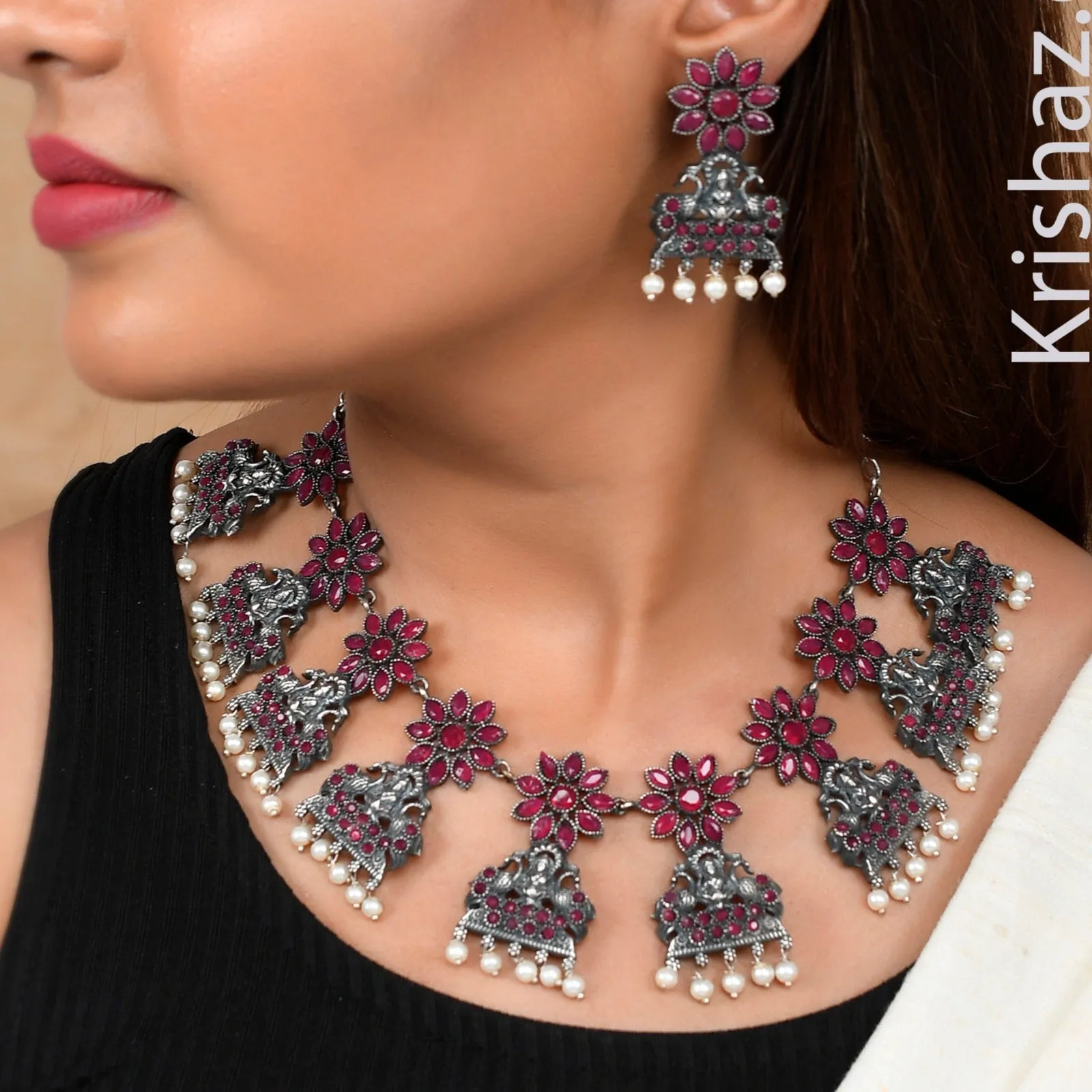 Traditional Ruby Color Goddess Lakshmi ji with Flower Choker Necklace Set with Matching Earrings