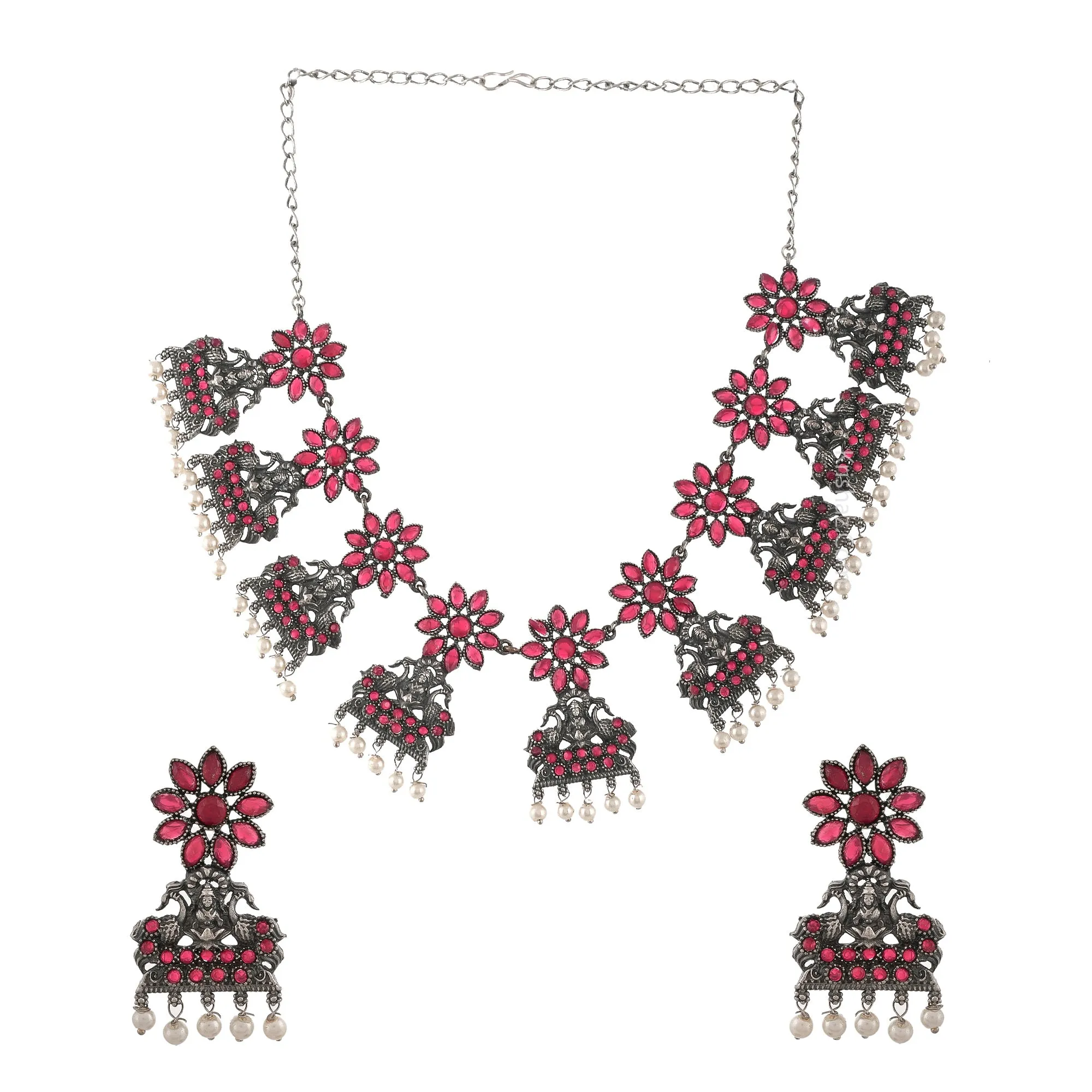 Traditional Ruby Color Goddess Lakshmi ji with Flower Choker Necklace Set with Matching Earrings