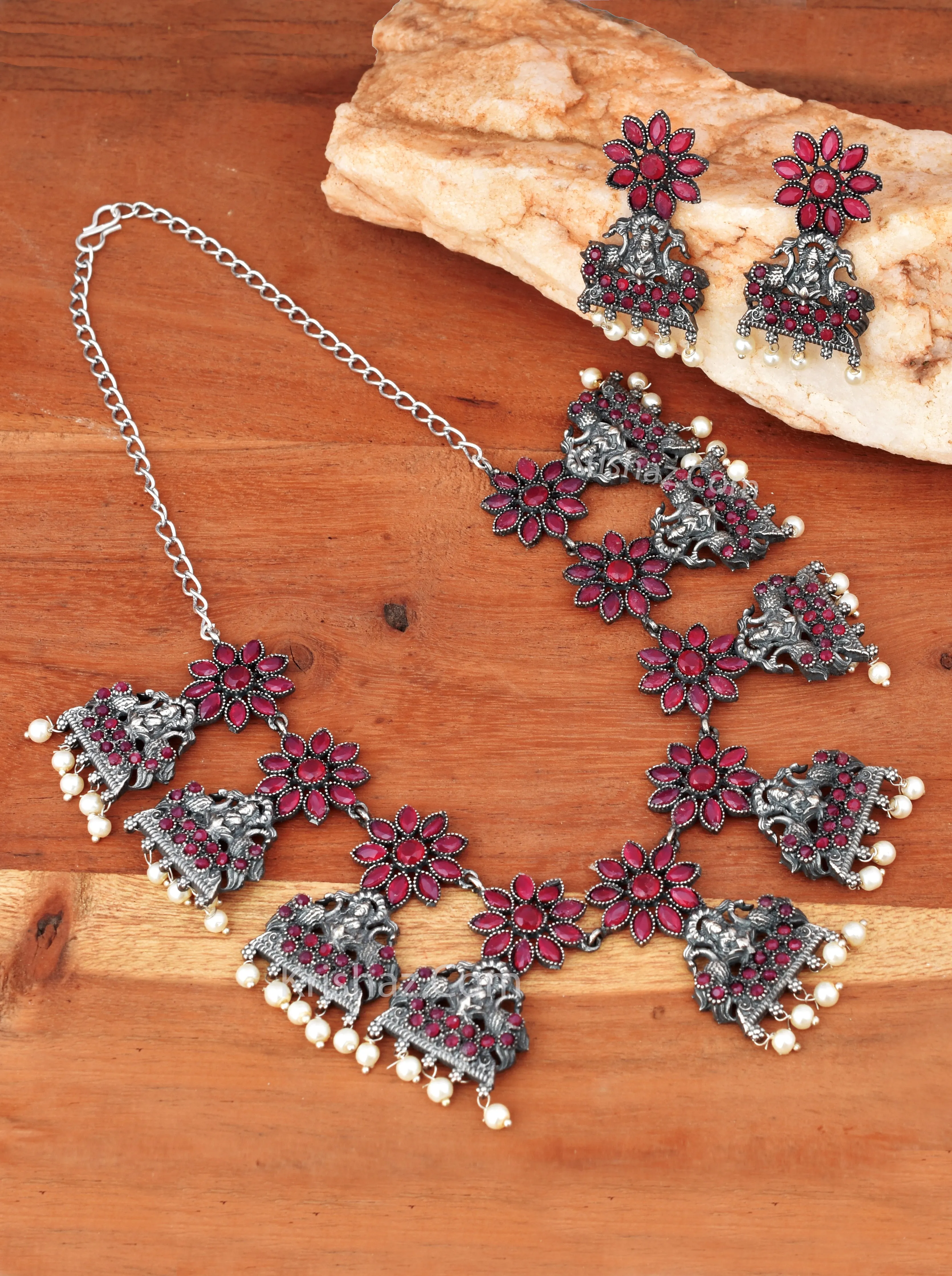 Traditional Ruby Color Goddess Lakshmi ji with Flower Choker Necklace Set with Matching Earrings