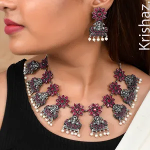 Traditional Ruby Color Goddess Lakshmi ji with Flower Choker Necklace Set with Matching Earrings