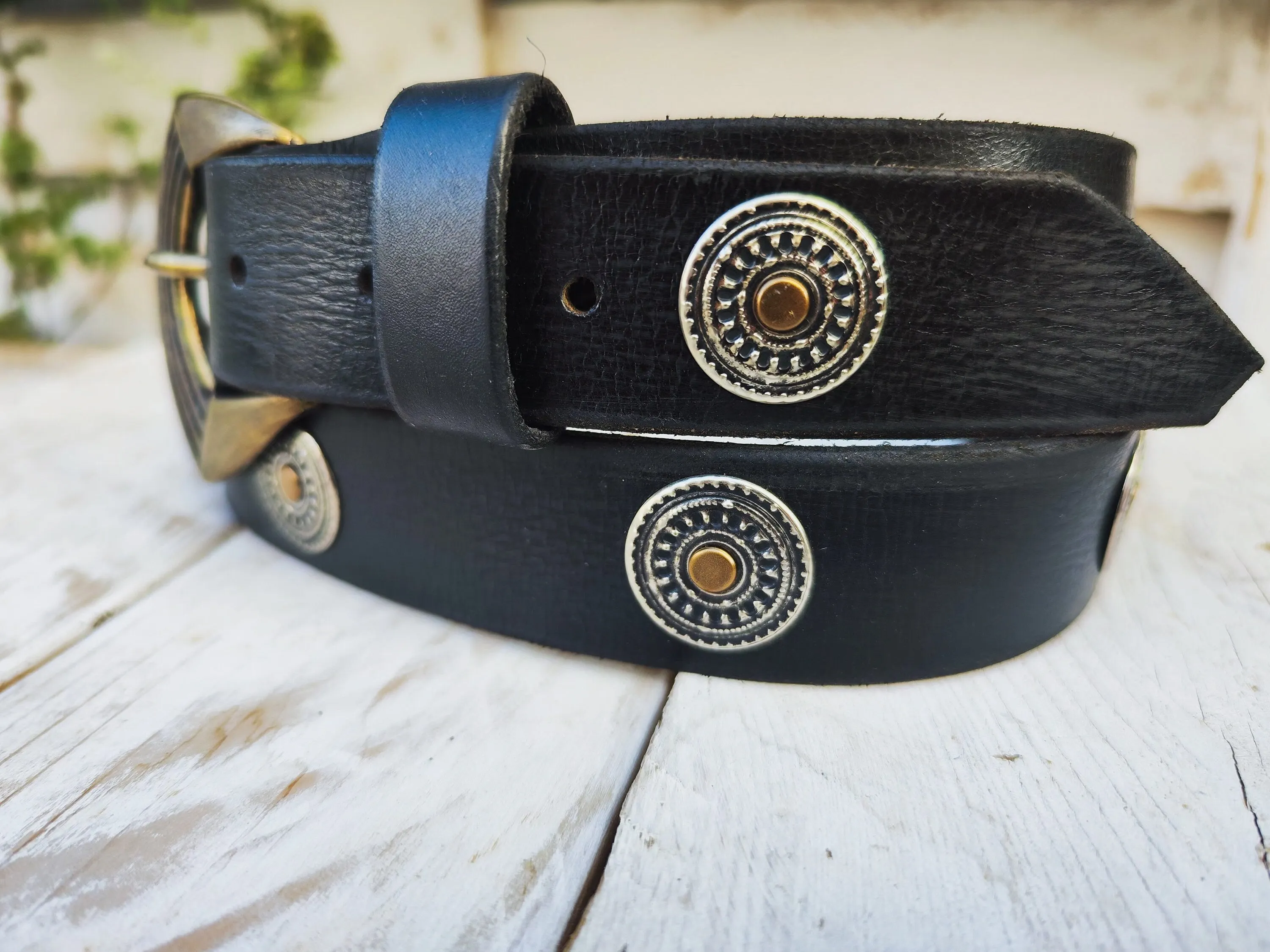 Unique Bohemian Leather Belt with Silver Coins and Gold Rivets
