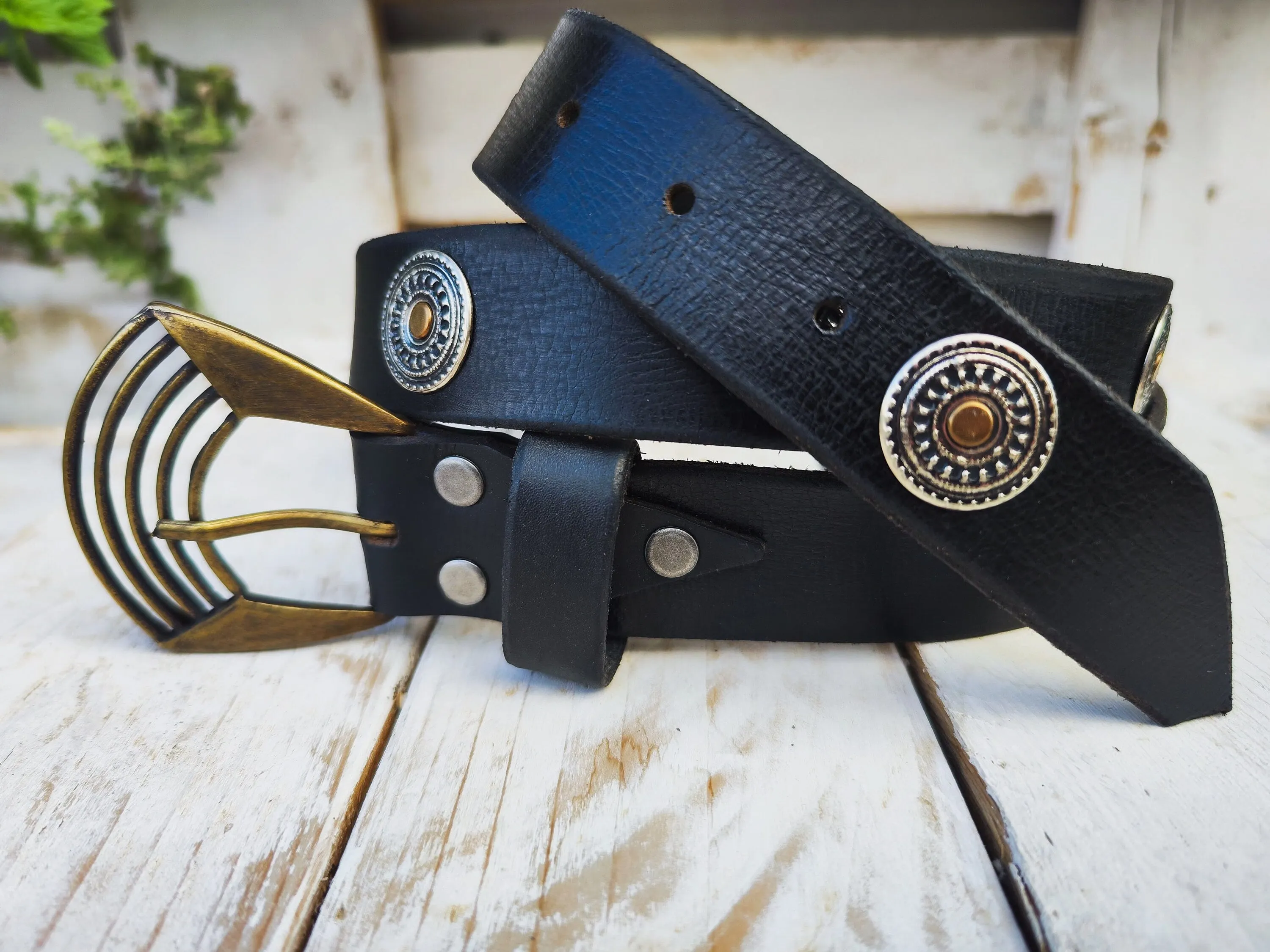 Unique Bohemian Leather Belt with Silver Coins and Gold Rivets