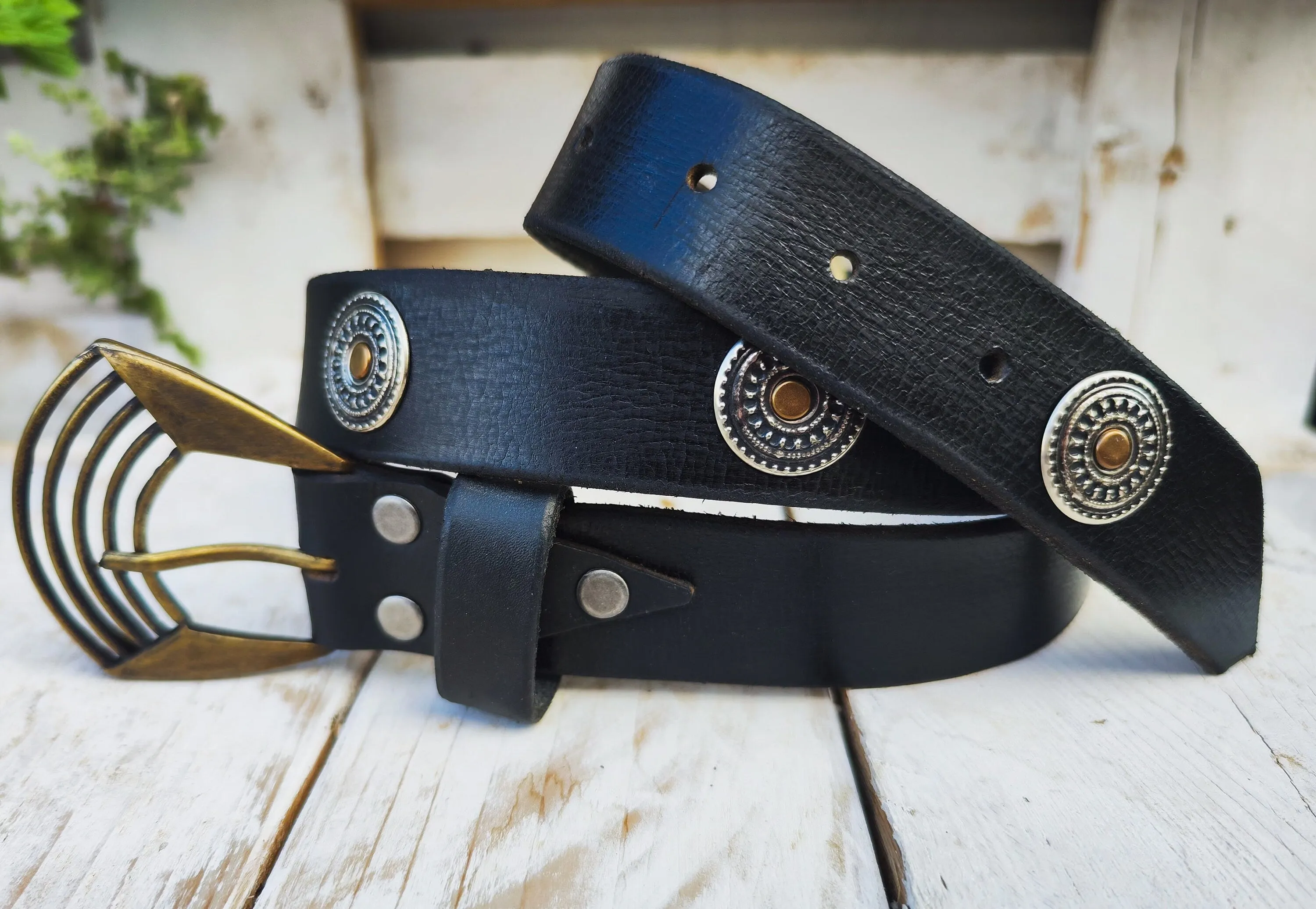 Unique Bohemian Leather Belt with Silver Coins and Gold Rivets