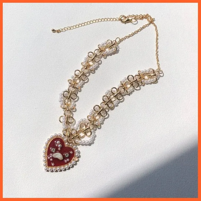 Vintage Choker Weave Pearls Red Heart Beaded Rhinestone Necklace For Women
