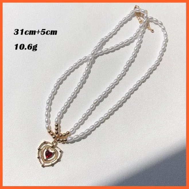 Vintage Choker Weave Pearls Red Heart Beaded Rhinestone Necklace For Women