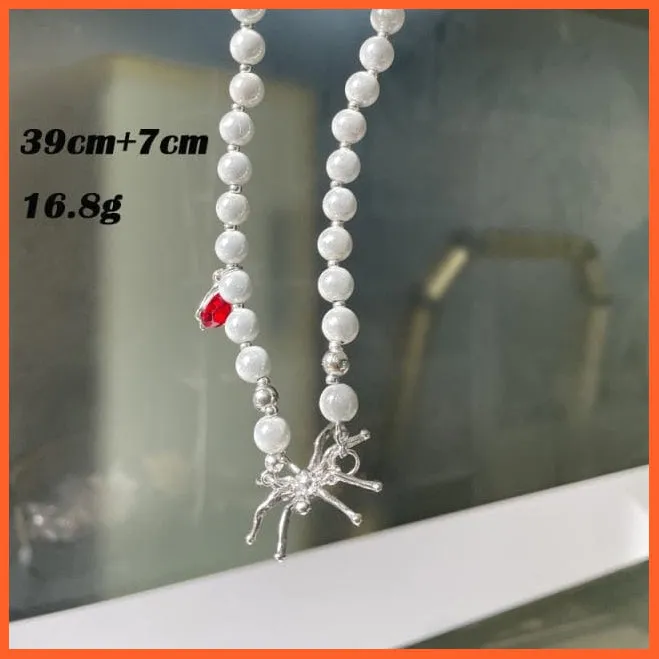 Vintage Choker Weave Pearls Red Heart Beaded Rhinestone Necklace For Women