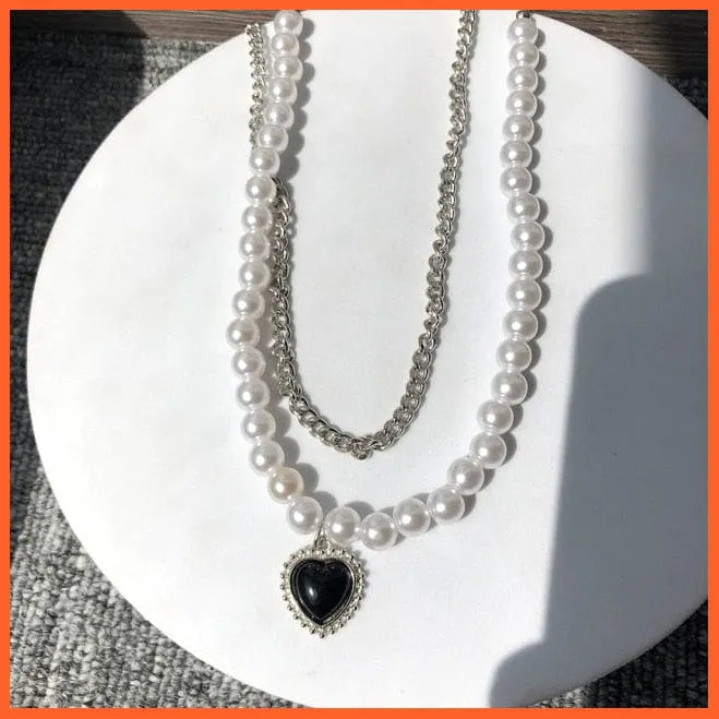 Vintage Choker Weave Pearls Red Heart Beaded Rhinestone Necklace For Women