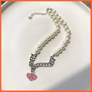 Vintage Choker Weave Pearls Red Heart Beaded Rhinestone Necklace For Women