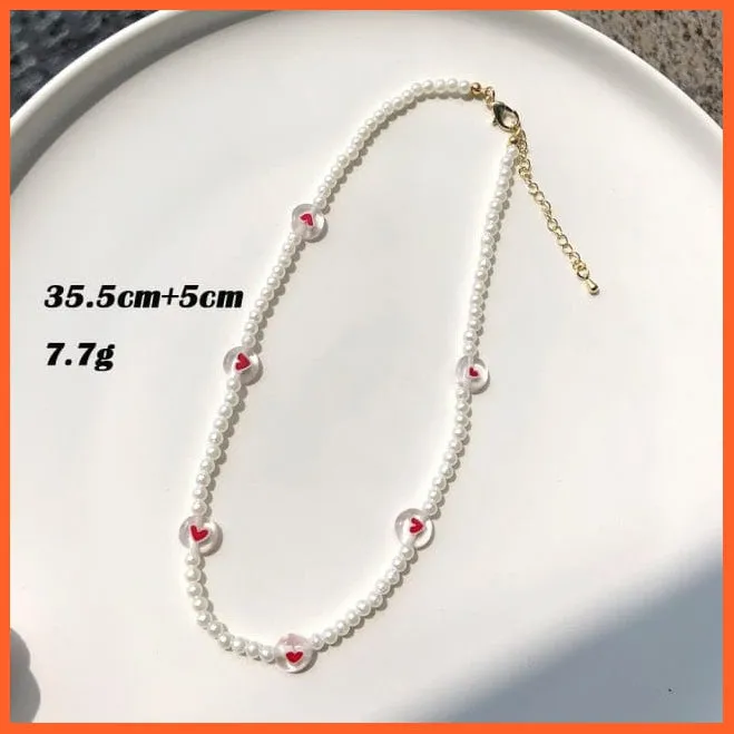 Vintage Choker Weave Pearls Red Heart Beaded Rhinestone Necklace For Women