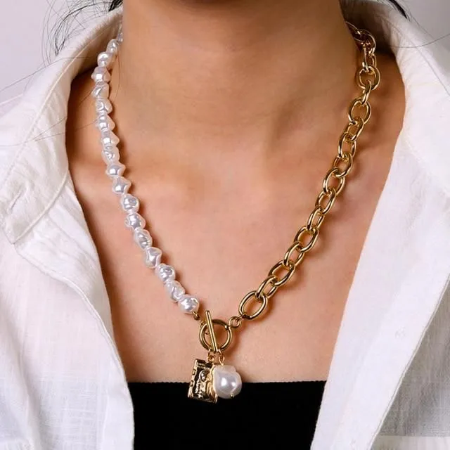 Vintage Irregular Pearl Lock Chains Necklace