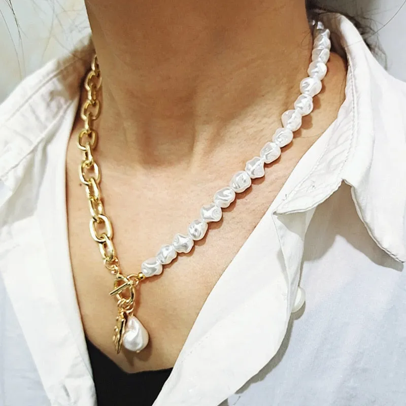 Vintage Irregular Pearl Lock Chains Necklace