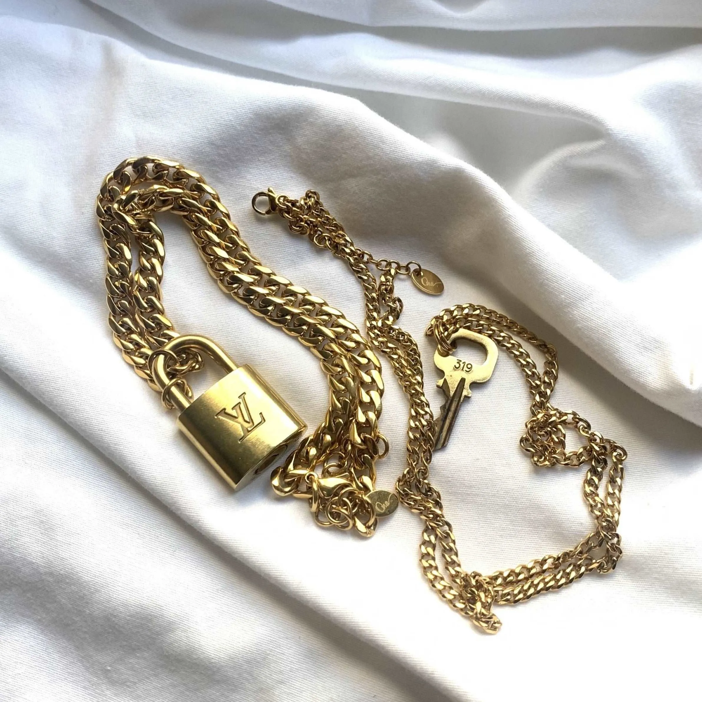 Vintage Lock and Key Cuban Chain Necklaces Set