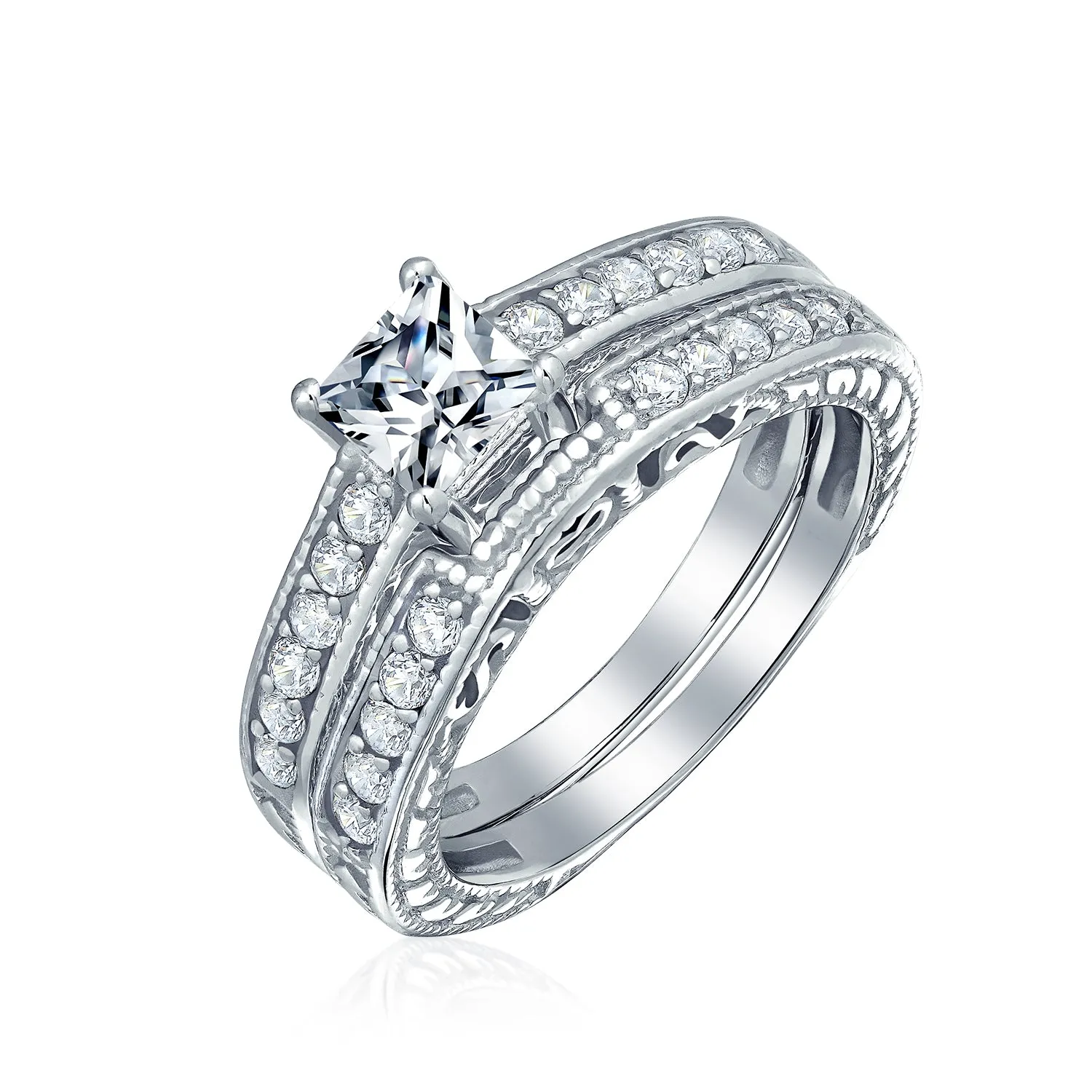 Vintage Style Cocktail Statement Ring with Simulated Blue Sapphire and CZ Stones